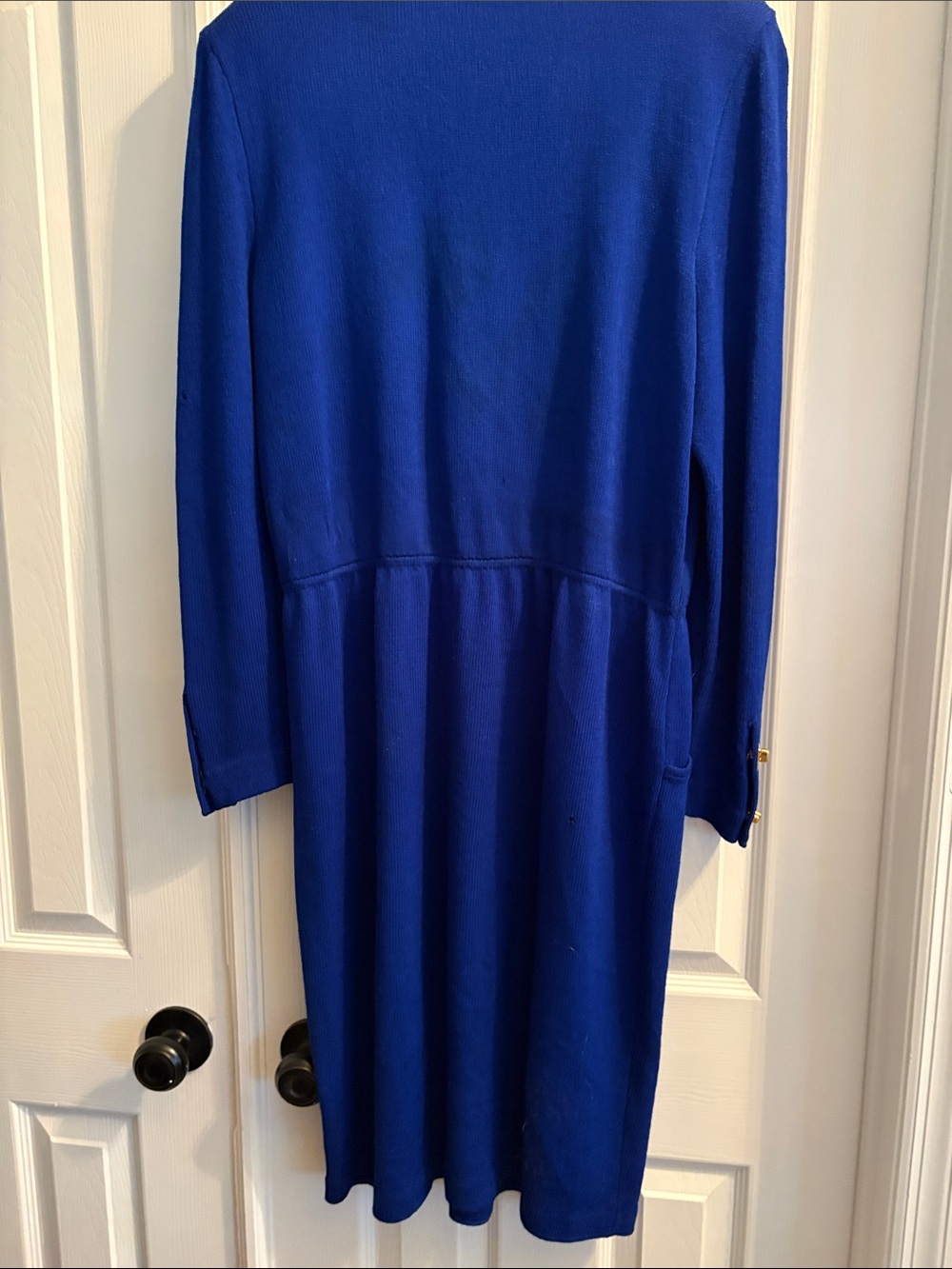 St. John Vintage Cobalt Blue Long Sleeve Sheath stretch knit Dress Gold Buttons - Picture 6 of 7